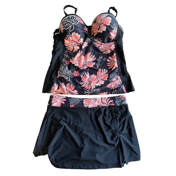 Yonique 2 Piece Floral Swimming Suit Black & Pink L - Picture 1 of 9